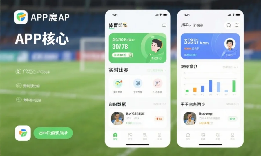 一个展示体育APP核心功能的界面截图，包含实时比分、赛事数据和多平台同步标识，界面简洁明亮