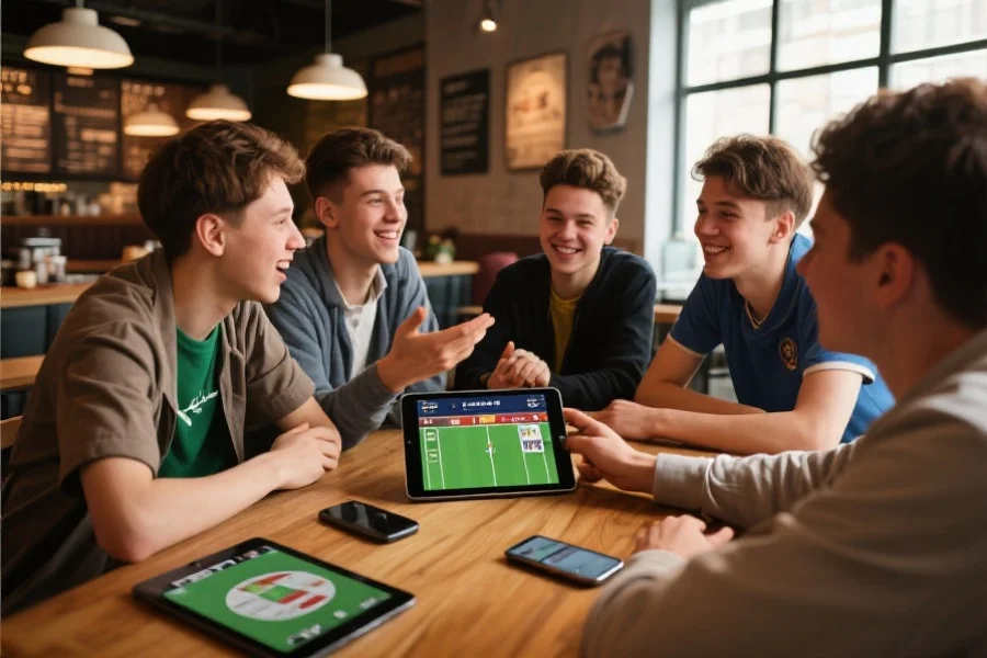 一群年轻人在咖啡厅愉快地讨论体育比赛，桌上有平板和手机显示赛事信息，氛围热烈